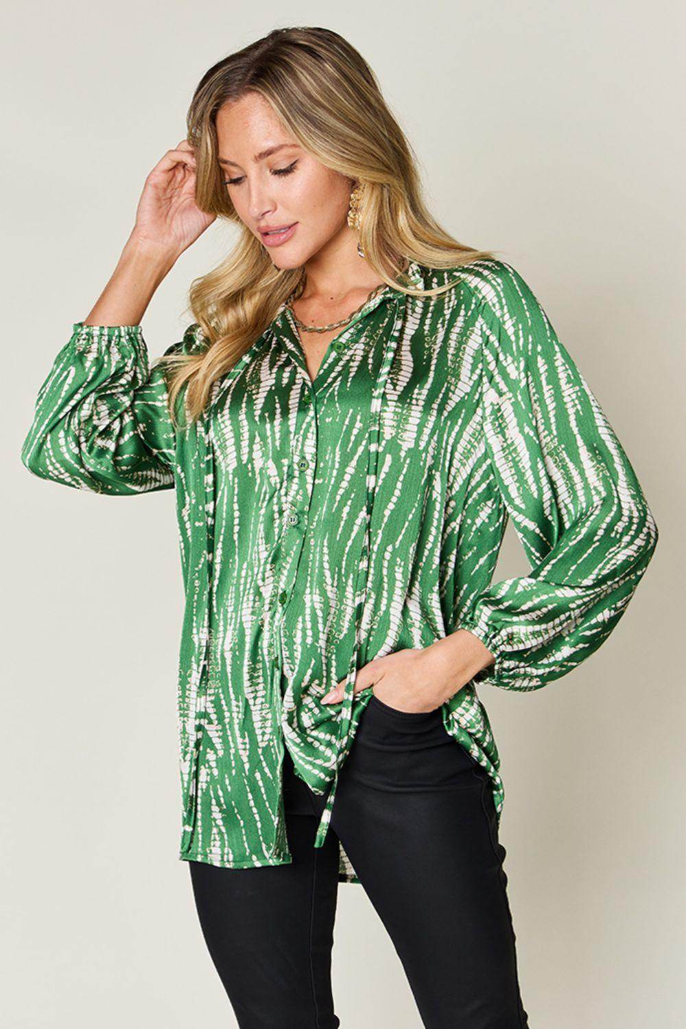 Double Take Full Size Printed Button Up Long Sleeve Shirt - Selvanelle