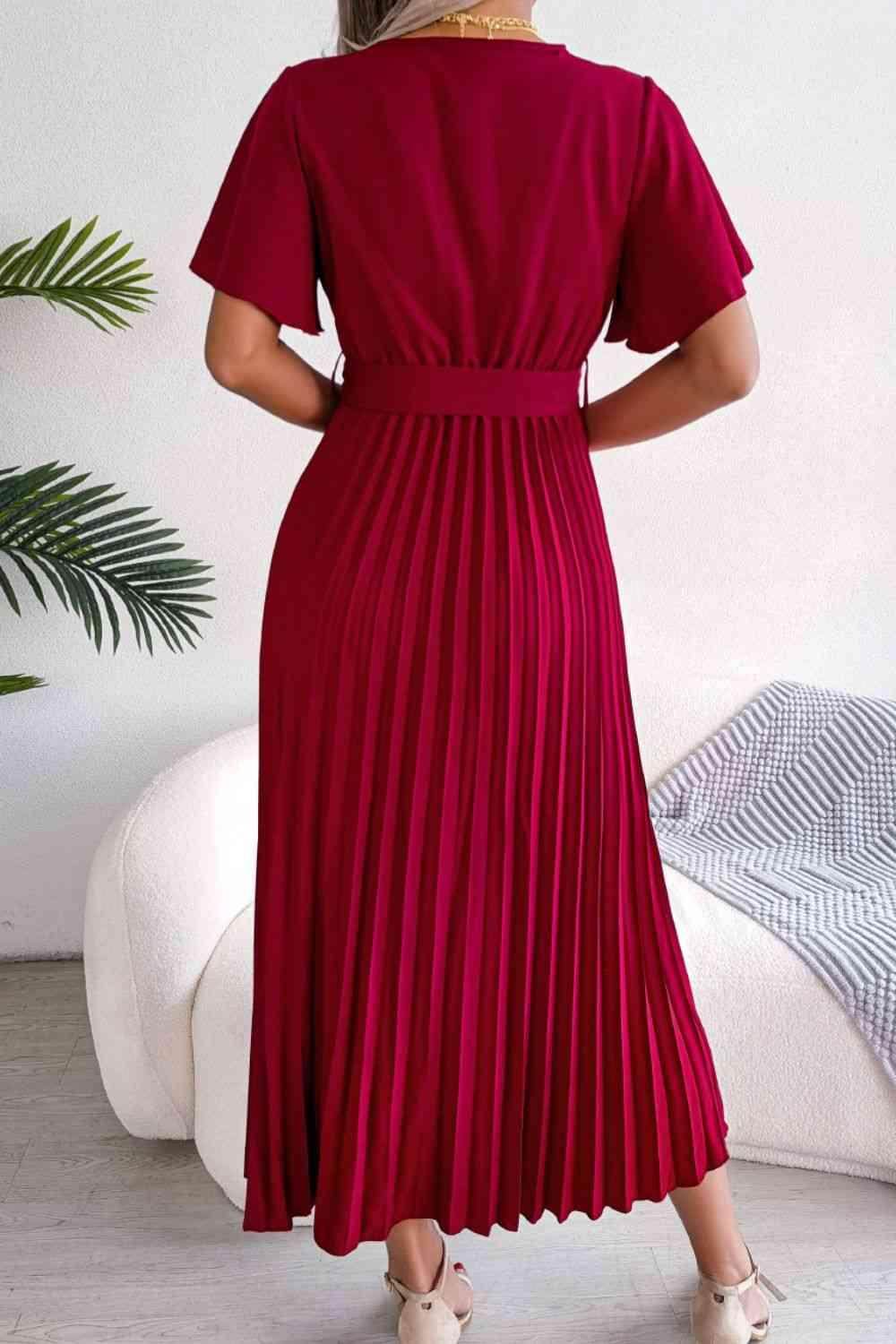 Pleated Flutter Sleeve Belted Dress for Casual Wear - Selvanelle