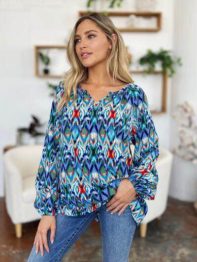 Double Take Full Size Printed Balloon Sleeve Blouse Women - Selvanelle