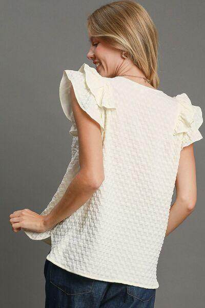 Umgee Full Size Textured Jacquard V-Neck Ruffle Blouse - Selvanelle