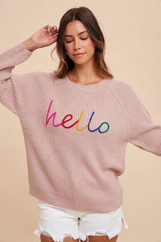 Annie Wear HELLO Embroidered Raglan Sleeve Sweater for Women - Selvanelle