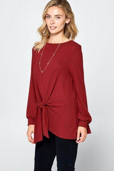 Super Lady Full Size Round Neck Knot Front Hacci Blouse - Selvanelle