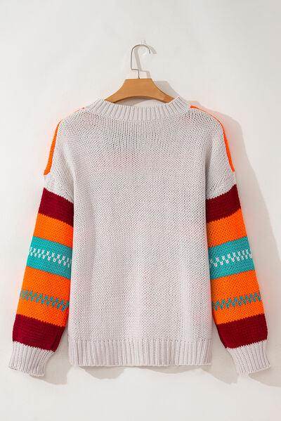 Contrast Striped Round Neck Long Sleeve Sweater for Women - Selvanelle