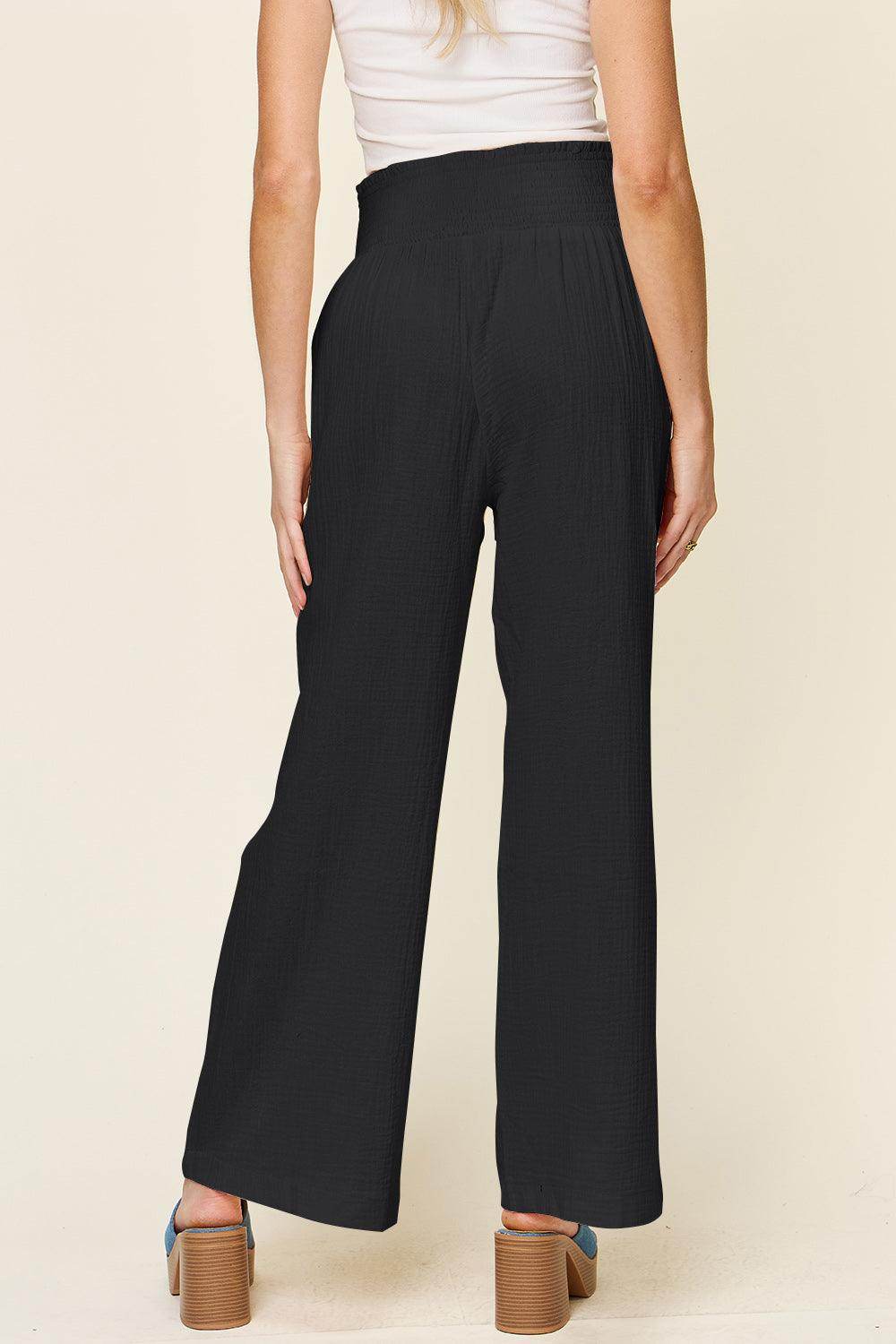 Double Take Full Size Texture Smocked Waist Wide Leg Pants For Women - Selvanelle