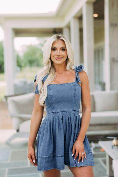 Square Neck Tie Shoulder Denim Dress for Women Fashion - Selvanelle