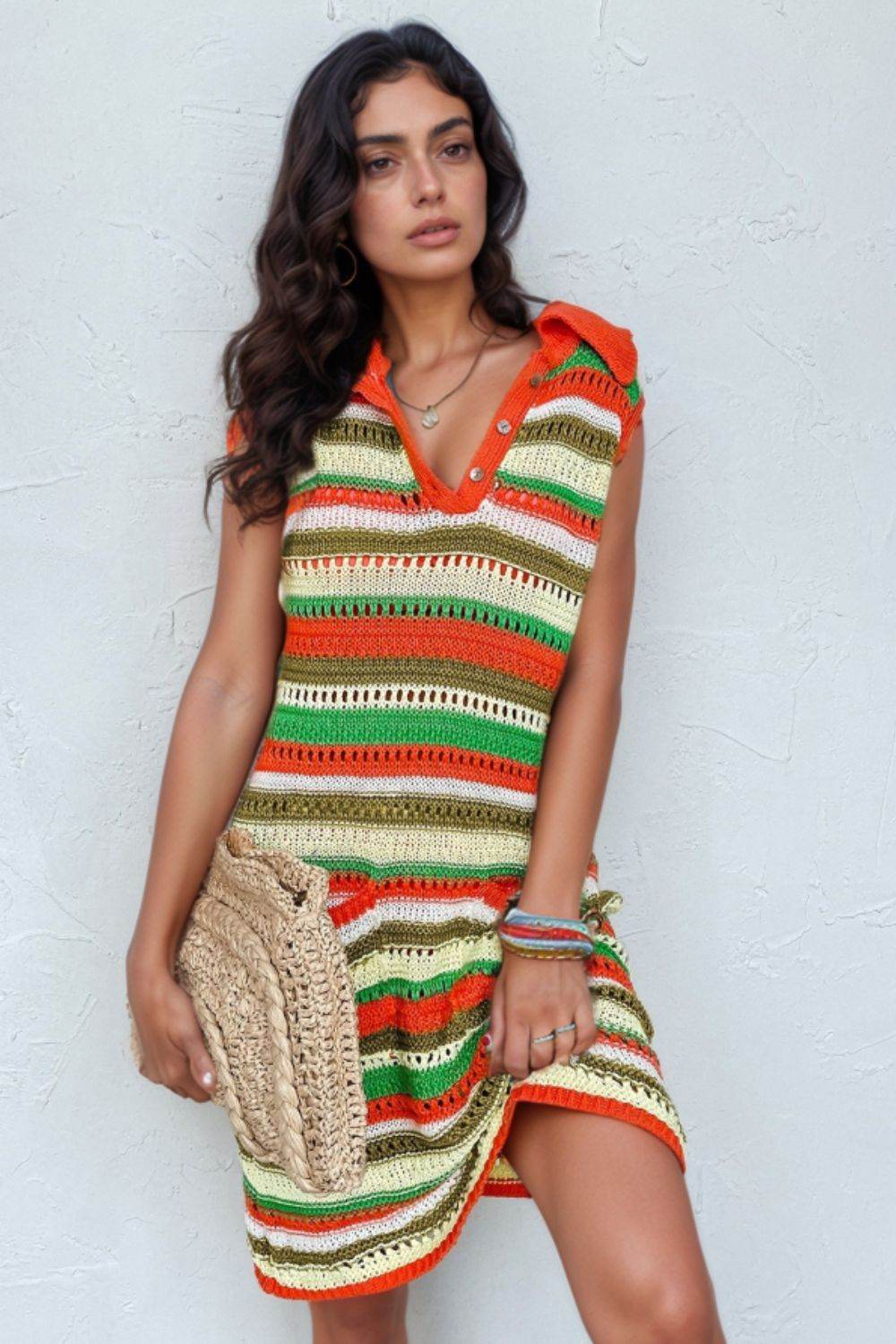 Openwork Stripe Sleeveless Sweater Dress - Selvanelle