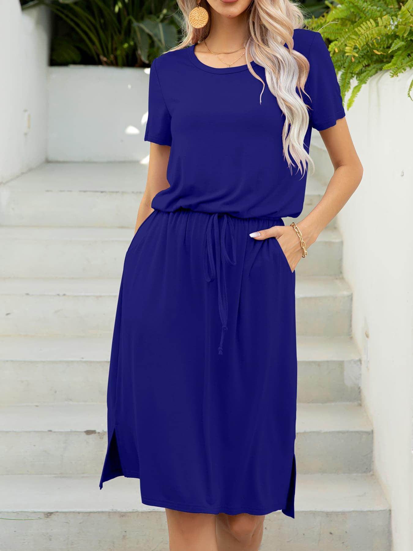 Round Neck Short Sleeve Slit Dress with Pockets for Women - Selvanelle