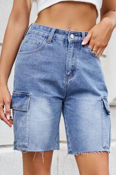 Raw Hem Washed Denim Shorts with Cargo Pockets for Women - Selvanelle