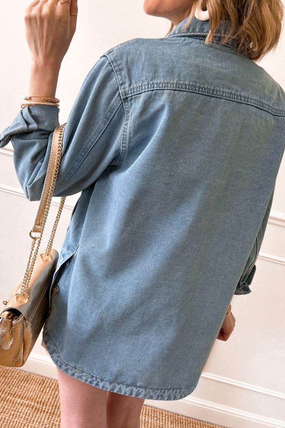 Pocketed Button Up Long Sleeve Denim Jacket for Women - Selvanelle