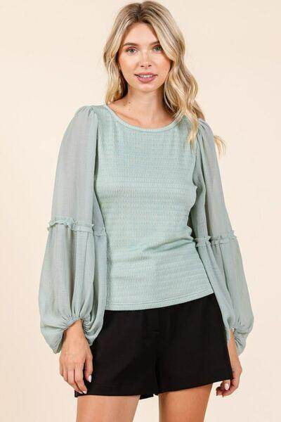 Mittoshop Mixed Media Textured Knit Chiffon Long Sleeve Top - Selvanelle