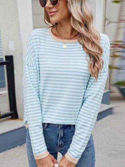 Striped Contrast Round Neck Long Sleeve Sweater for Women - Selvanelle