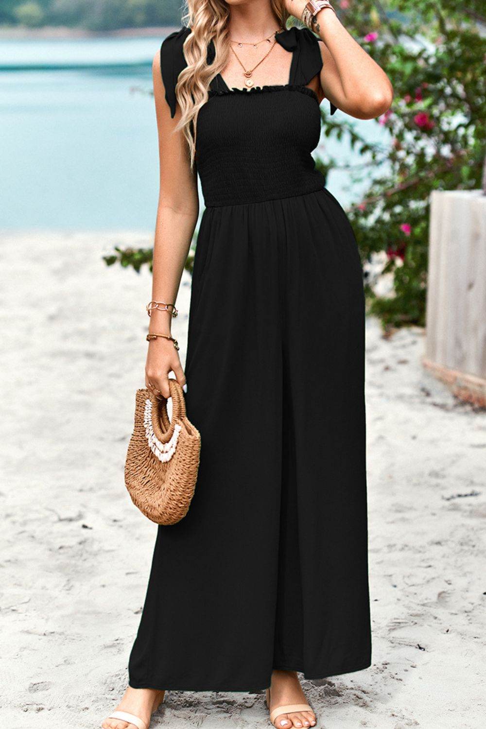 Devine Frill Trim Tie Shoulder Wide Leg Jumpsuit with Pockets - Selvanelle