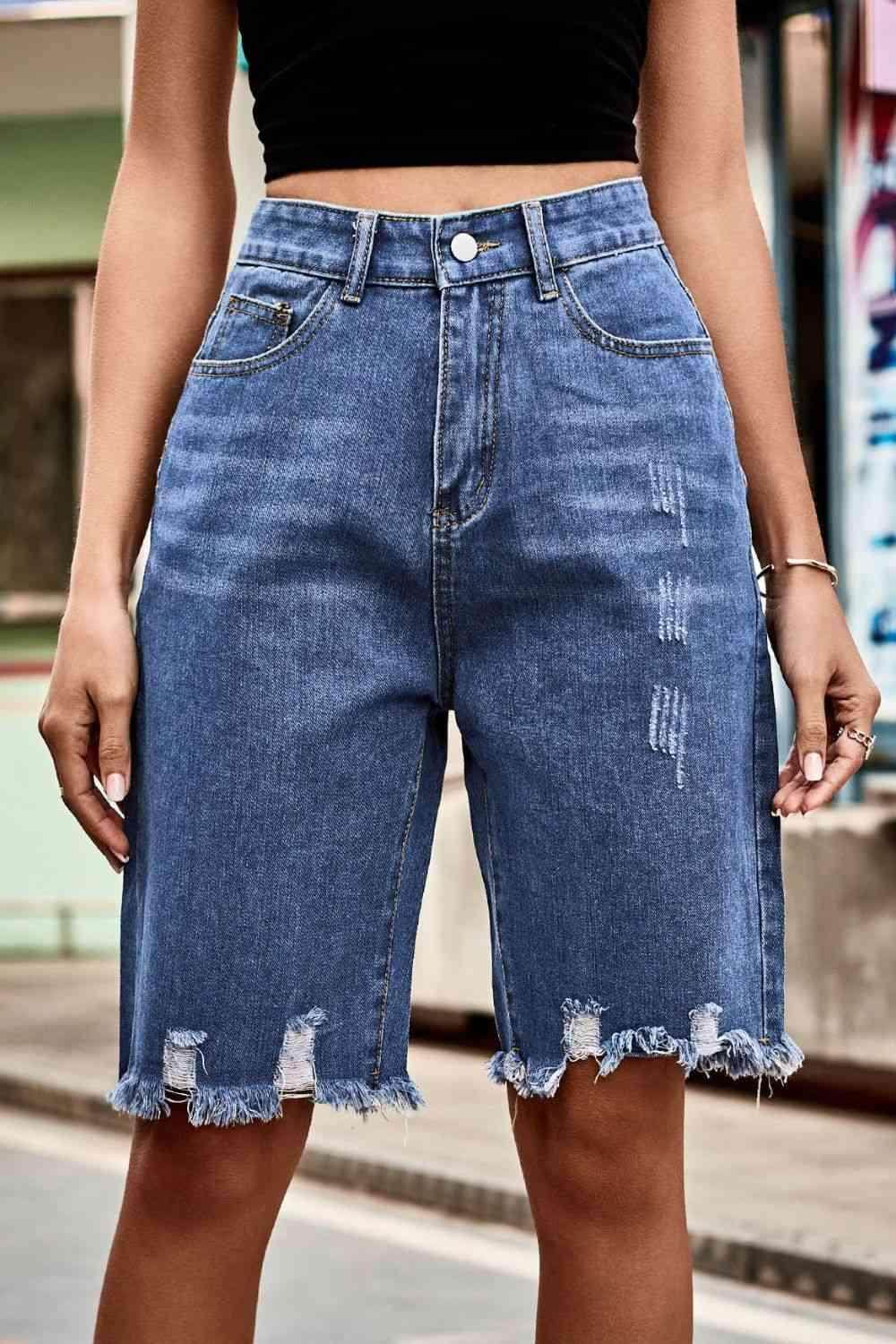 Raw Hem High Waist Denim Shorts with Pockets for Women - Selvanelle