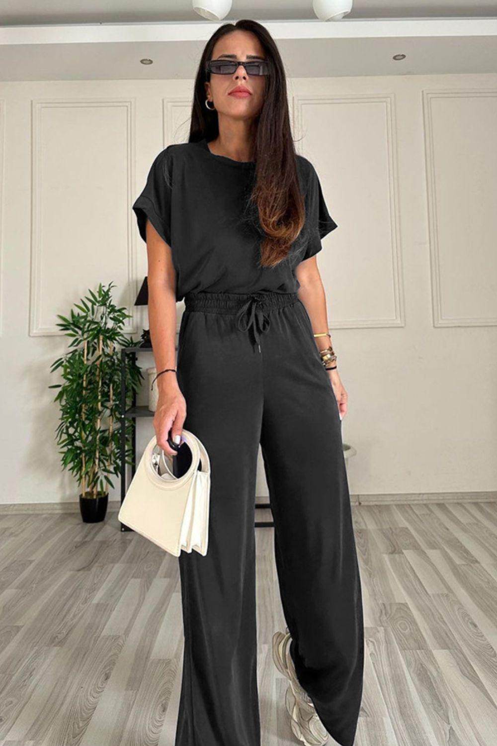 Round Neck Short Sleeve Top and Drawstring Pants Set for Women - Selvanelle