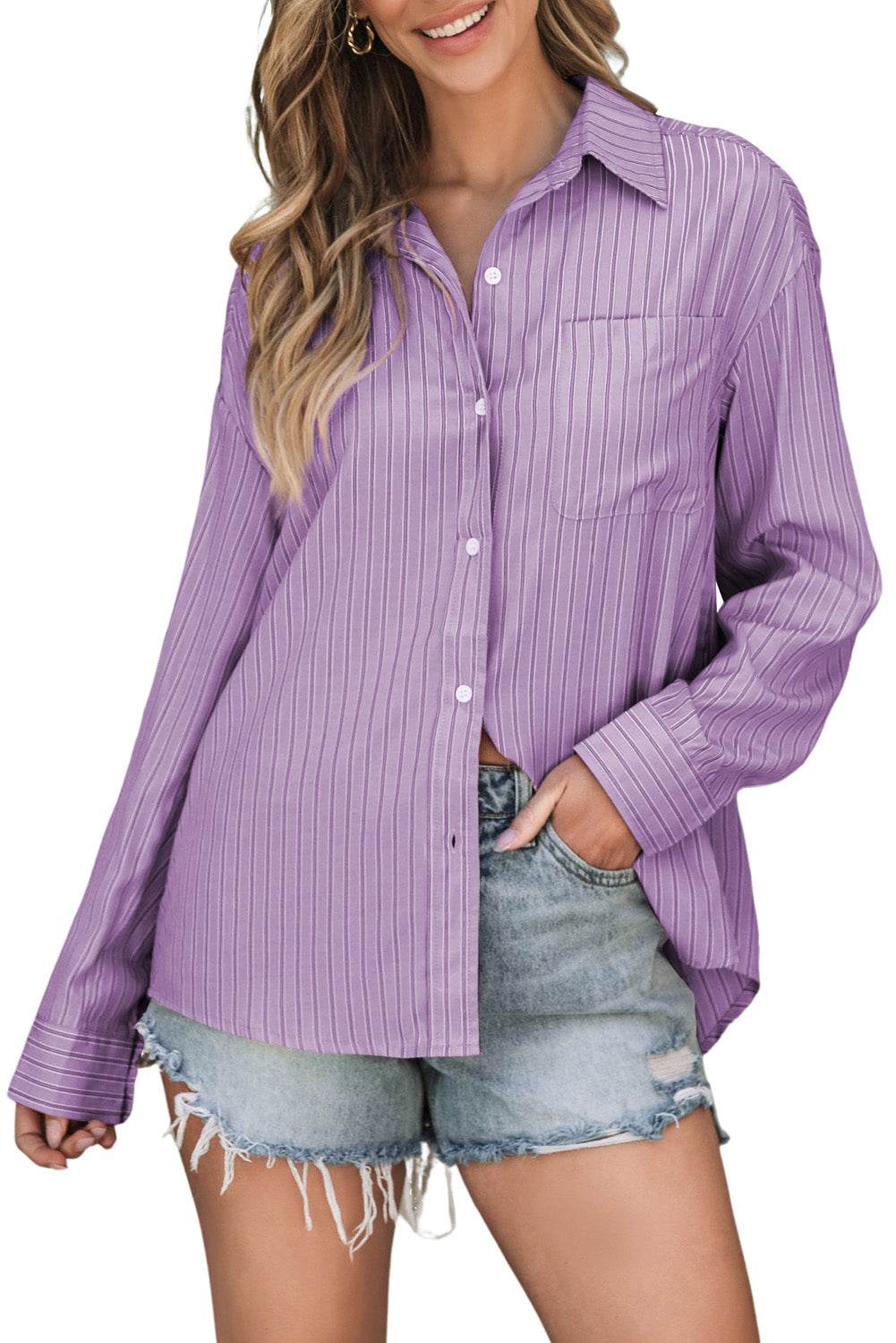 Striped Button Up Long Sleeve Shirt - Selvanelle