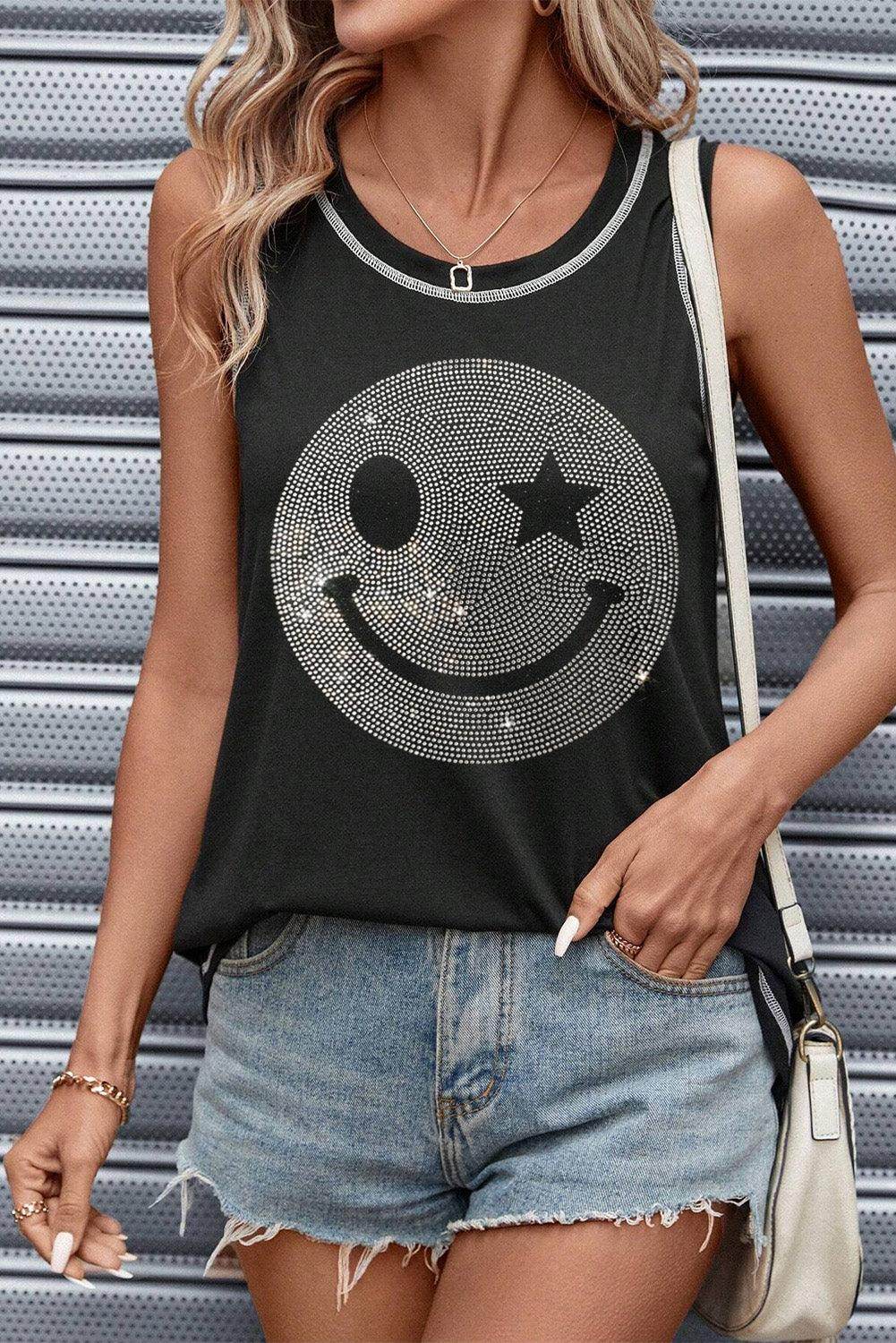 Rhinestone Smile Face Round Neck Tank Top for Women - Selvanelle