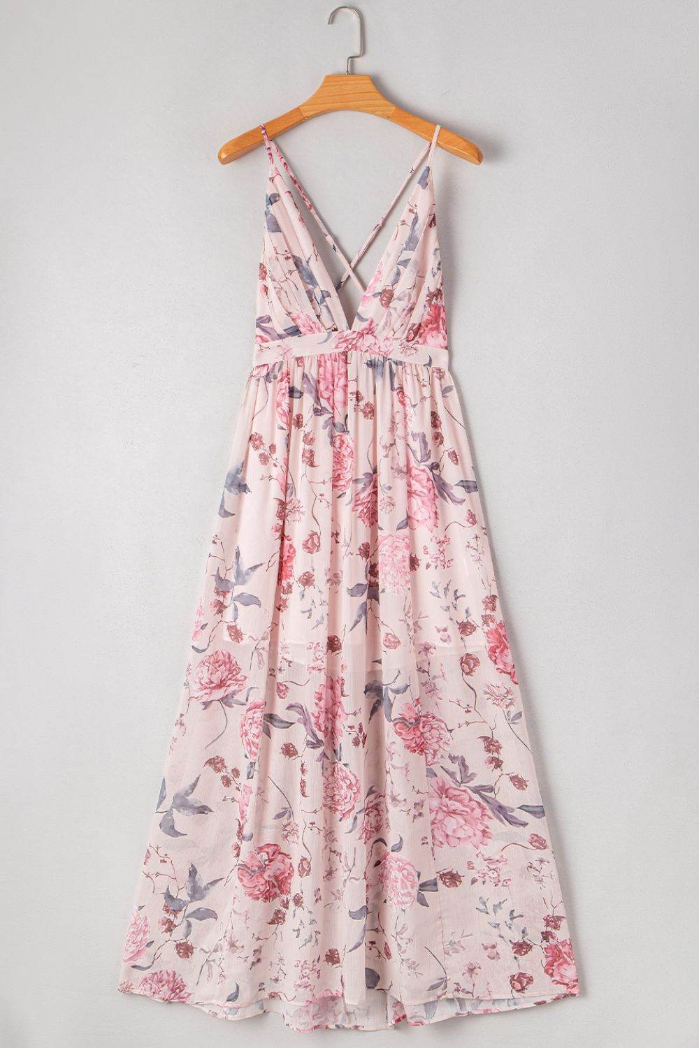 Floral Pleated Deep V Backless Maxi Dress - Selvanelle