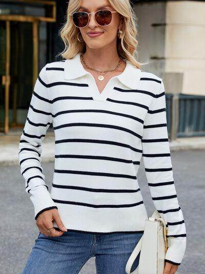 Striped Johnny Collar Long Sleeve Sweater for Women - Selvanelle