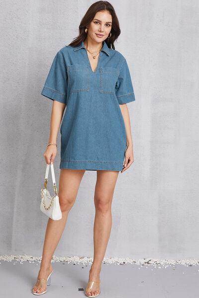 Stylish Pocketed Collared Neck Mini Denim Dress for Women - Selvanelle