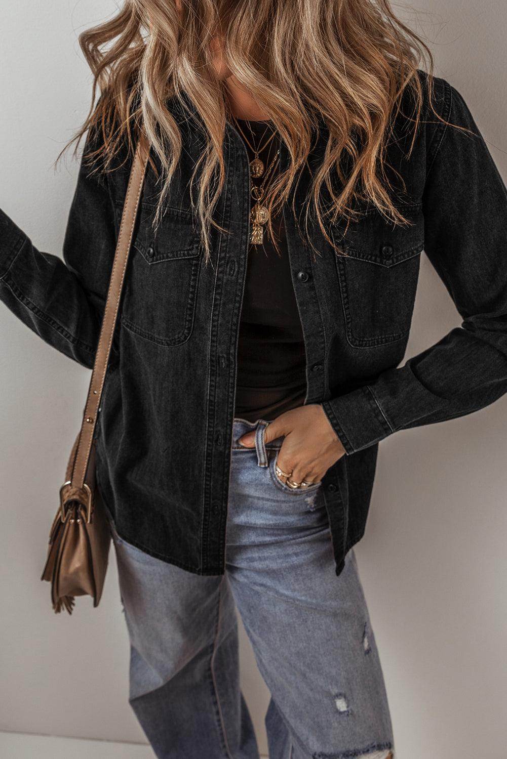 Button Up Long Sleeve Denim Jacket for Women Stylish Fit - Selvanelle