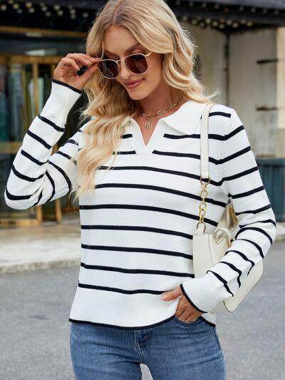 Striped Johnny Collar Long Sleeve Sweater for Women - Selvanelle