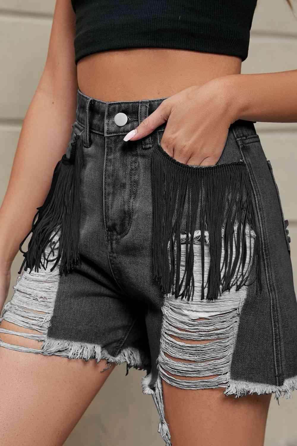 Fringe Trim Distressed Denim Shorts with Pockets for Women - Selvanelle
