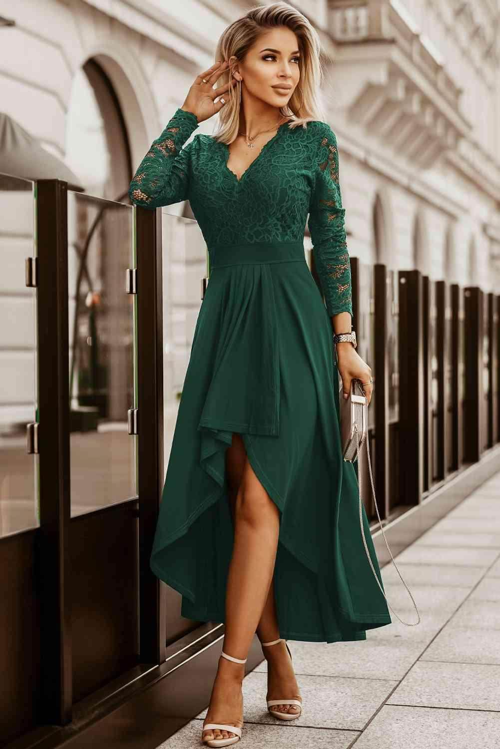 Lace High-Low V-Neck Dress for Elegant Evening Wear - Selvanelle