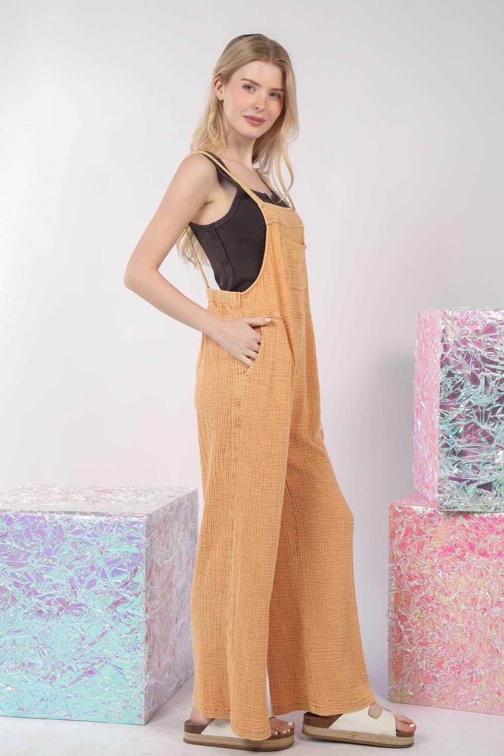 Very J Texture Washed Wide Leg Overalls for Effortless Style - Selvanelle