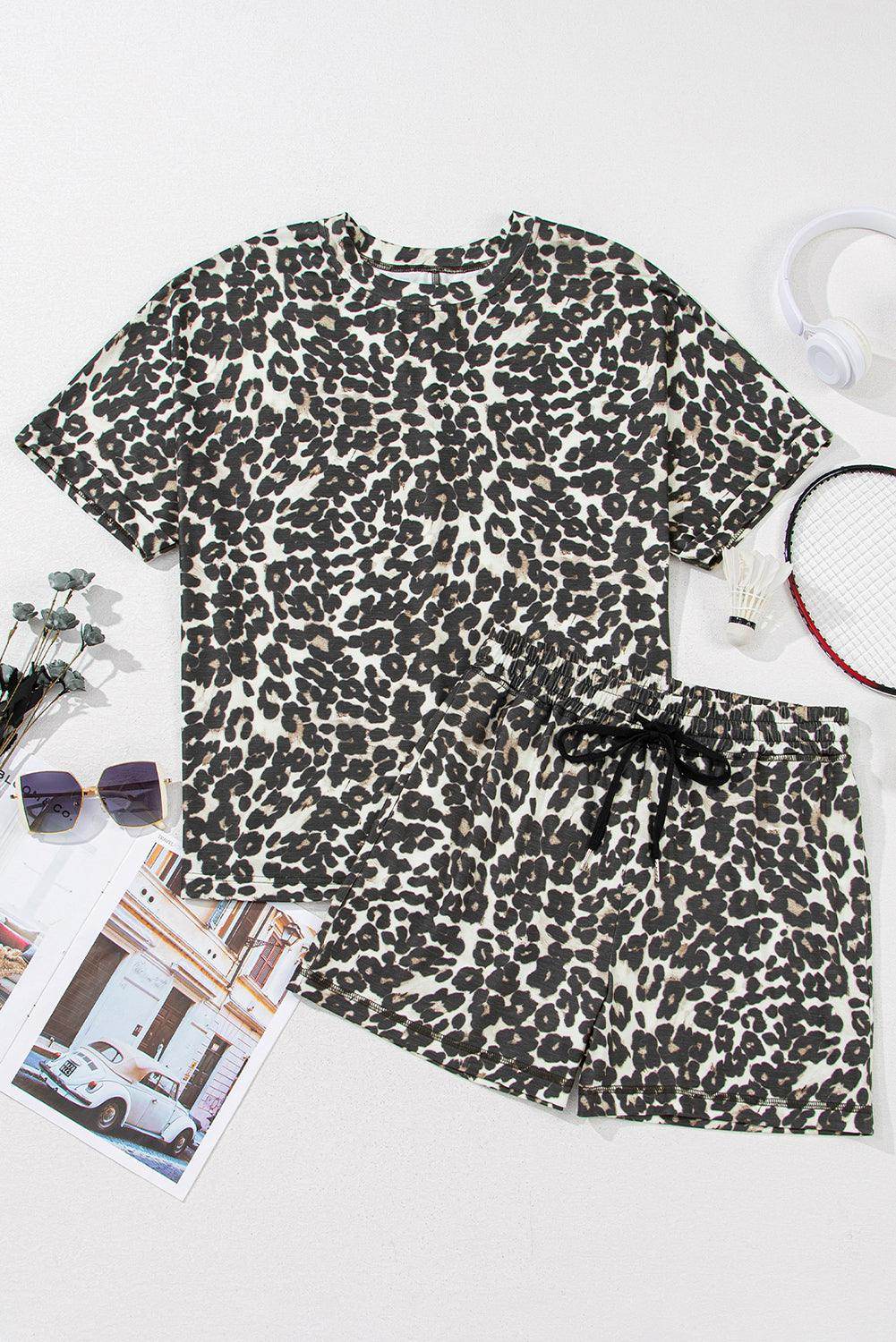 Leopard Round Neck Top and Shorts Set for Women Fashion - Selvanelle