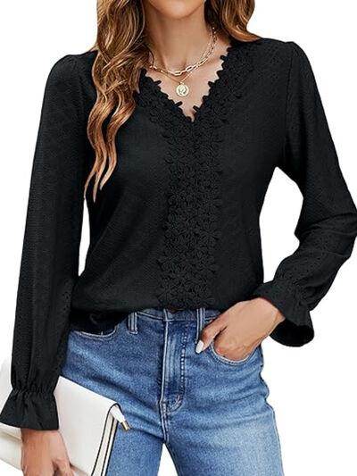 Lace Detail Eyelet V-Neck Flounce Sleeve Blouse for Women - Selvanelle