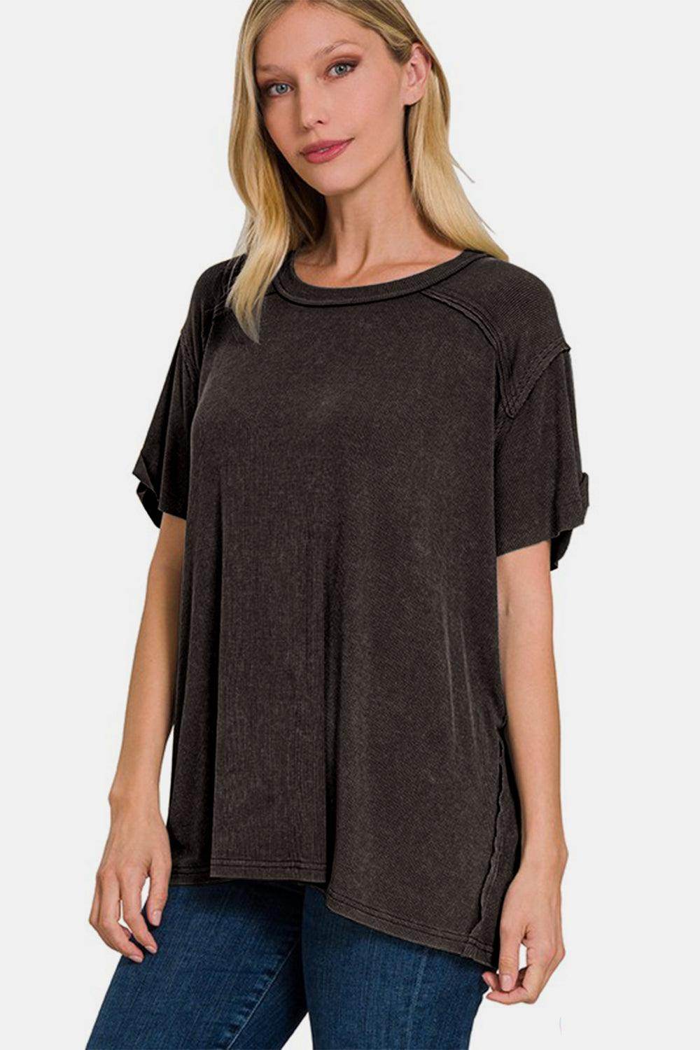 Zenana Washed Ribbed Short Sleeve Top for Casual Style - Selvanelle