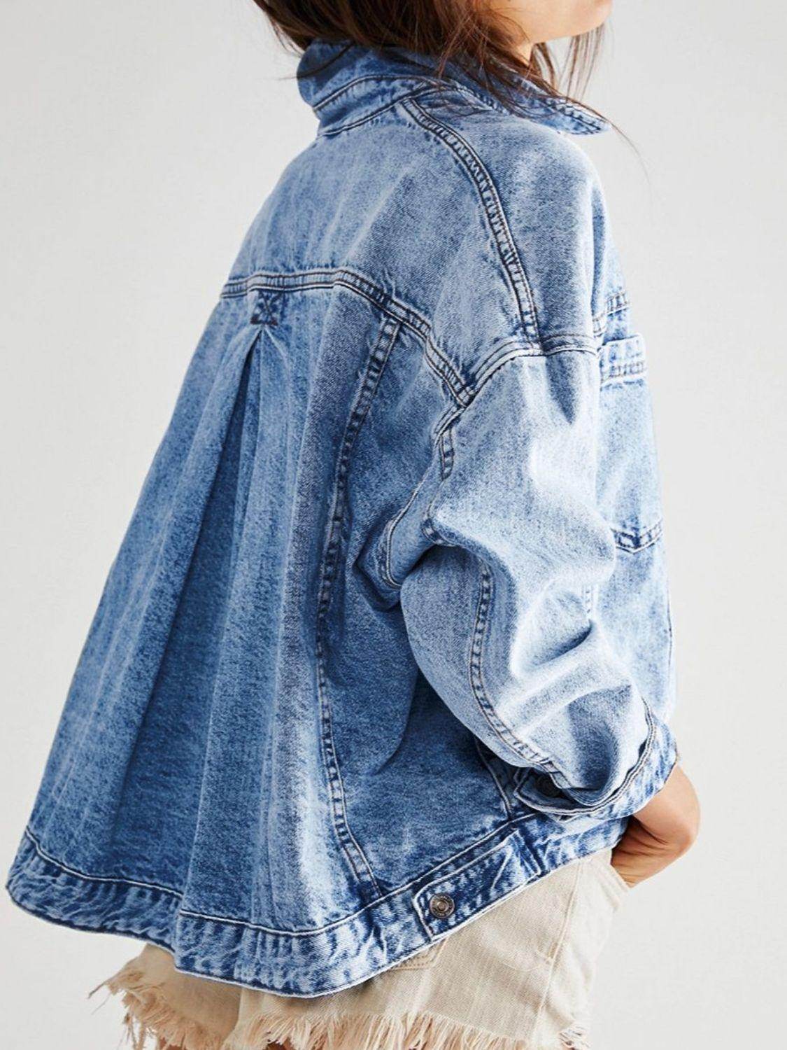 Stylish Pocketed Button Up Denim Jacket for Women - Selvanelle