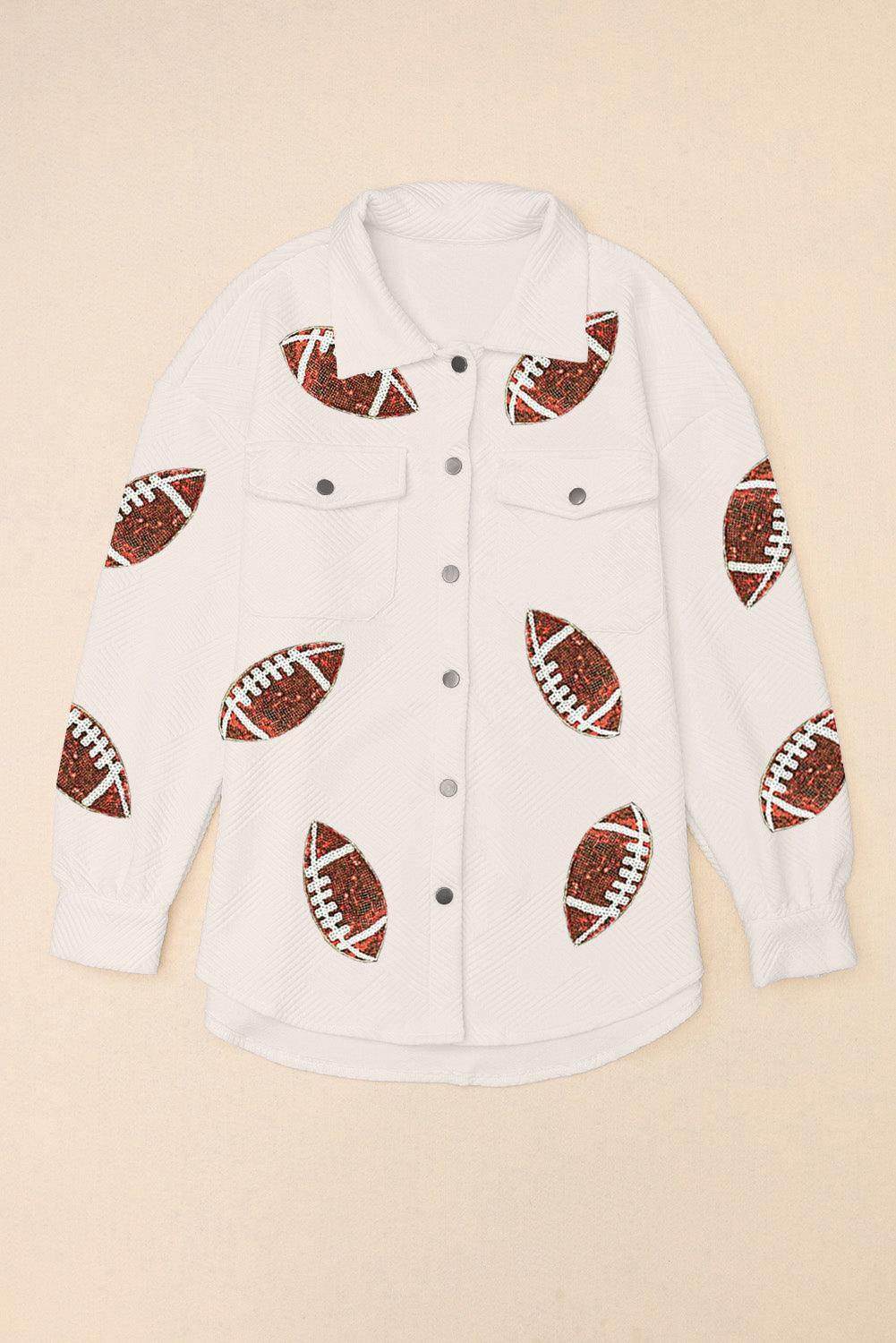Sequin Football Patch Collared Neck Snap Button Jacket for Women - Selvanelle
