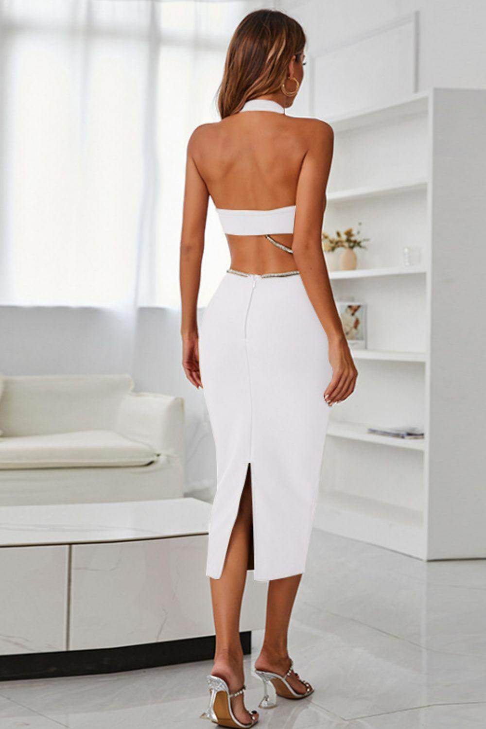 Rhinestone Halter Neck Cutout Slit Midi Dress for Women - Selvanelle