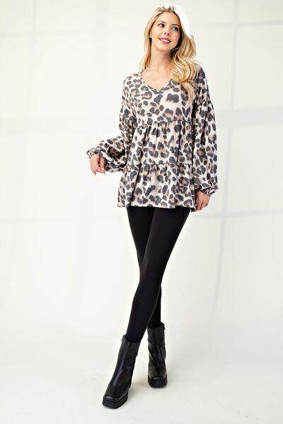 Celeste Full Size Leopard V-Neck Balloon Sleeve Blouse - Selvanelle