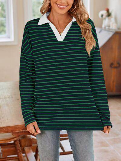 Lovelet Striped Johnny Collar Long Sleeve T-Shirt for Women - Selvanelle