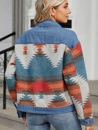 Geometric Button Up Long Sleeve Denim Jacket for Women - Selvanelle