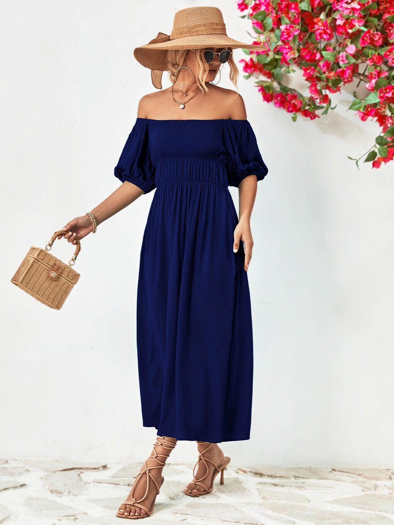Off-Shoulder Balloon Sleeve Midi Dress for Chic Style - Selvanelle