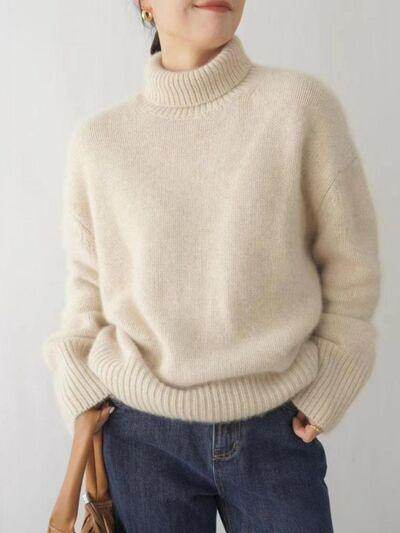 Turtleneck Dropped Shoulder Long Sleeve Sweater for Women - Selvanelle