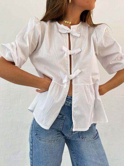 Tied Round Neck Balloon Sleeve Shirt for Stylish Look - Selvanelle
