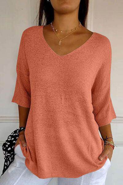 V-Neck Three-Quarter Sleeve Knit Top for Women Casual Wear - Selvanelle