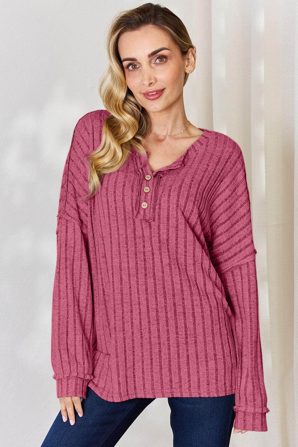 Basic Bae Full Size Ribbed Half Button Long Sleeve T-Shirt - Selvanelle