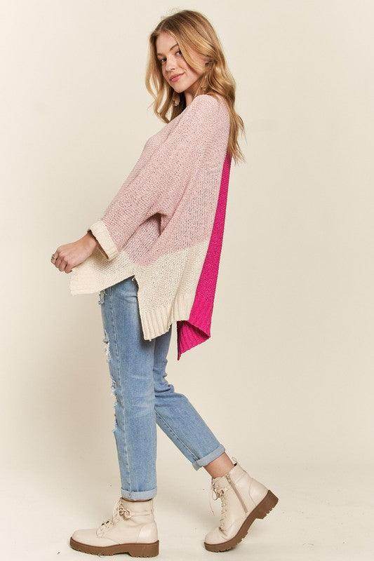 ADORA Side Slit Color Block Long Sleeve Sweater for Women - Selvanelle