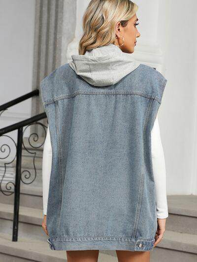 Removable Hood Button Up Cap Sleeve Denim Jacket for Women - Selvanelle