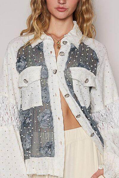 POL Eyelet Flower Pearl Detail Lace Patchwork Shirt for Elegance - Selvanelle