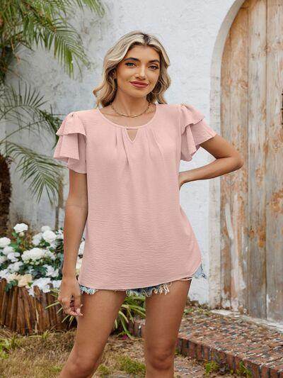 Cutout Round Neck Short Sleeve Blouse for Women Fashion - Selvanelle