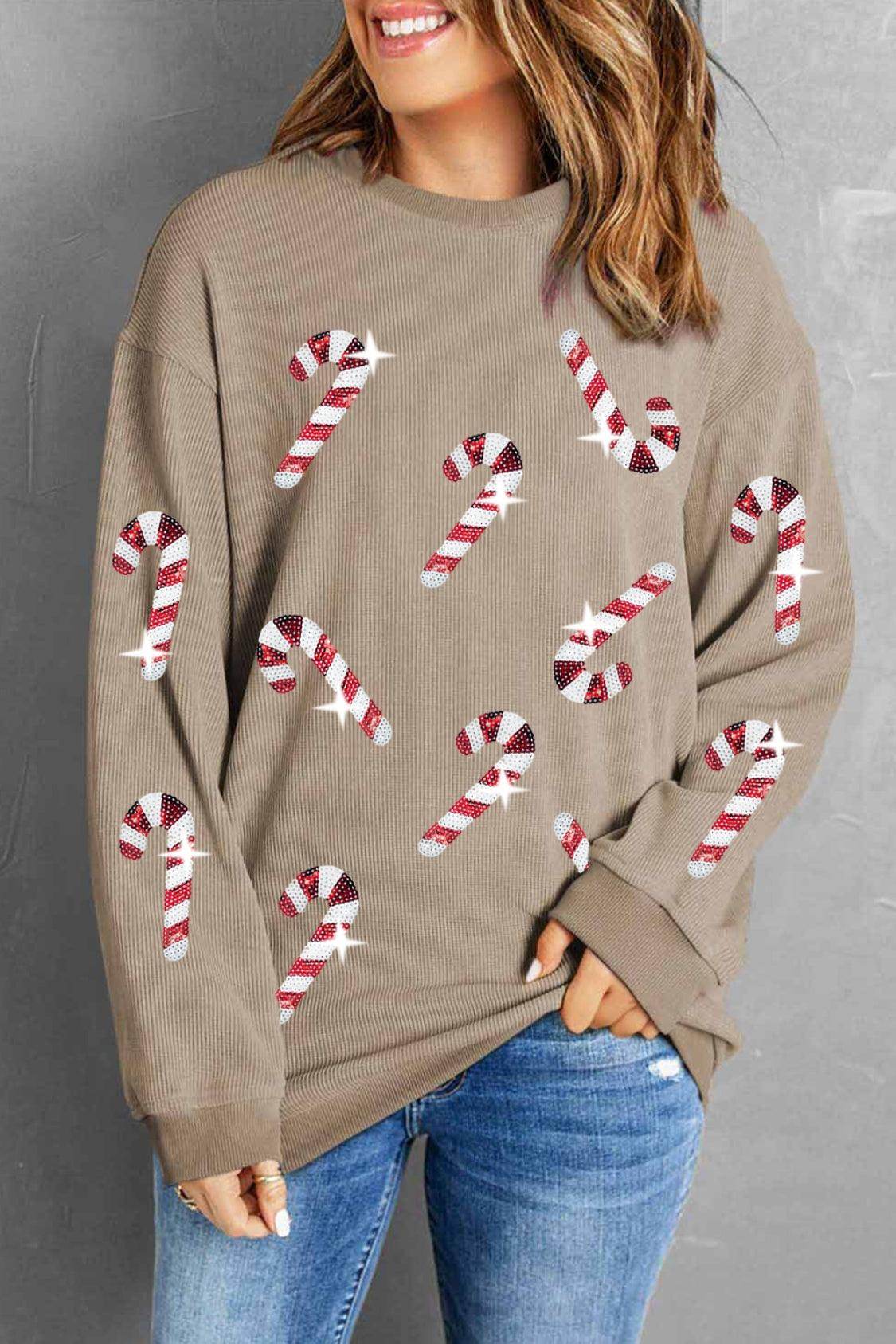 Sequin Candy Cane Round Neck Sweatshirt for Women - Selvanelle