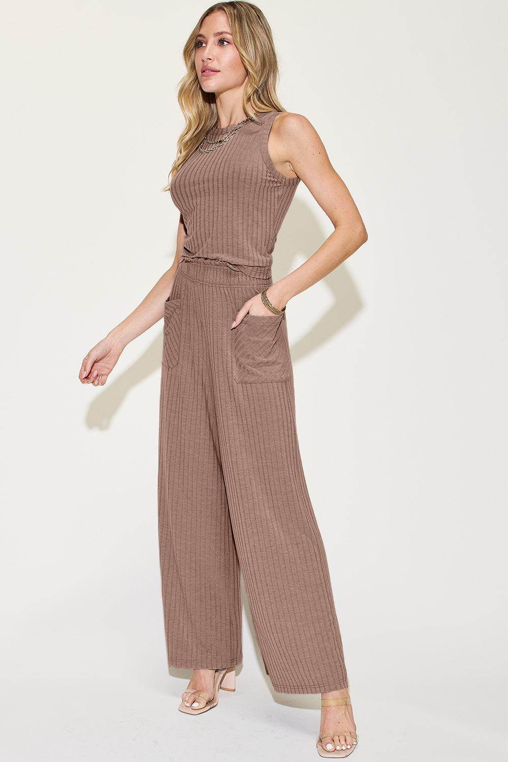 Basic Bae Full Size Ribbed Tank and Wide Leg Pants Set - Selvanelle
