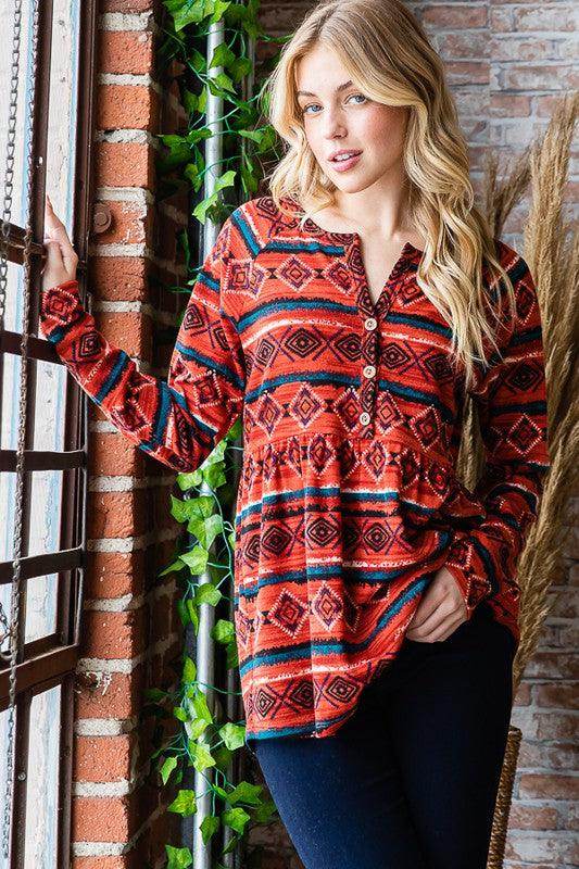 Heimish Full Size Geometric Button Detail Long Sleeve Top - Selvanelle