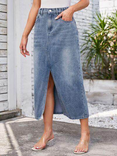 Slit Midi Denim Skirt with Pockets for Stylish Women - Selvanelle